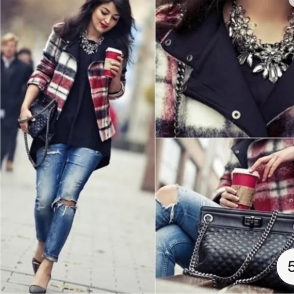 Zara Basic Like New Buffalo Plaid Red & Black Wool Mohair Teddy Jacket Medium - Picture 2 of 12